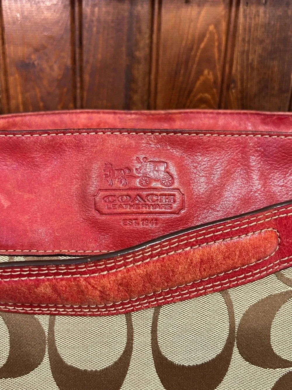 Coach Signature Canvas Hobo with Red Leather Trim